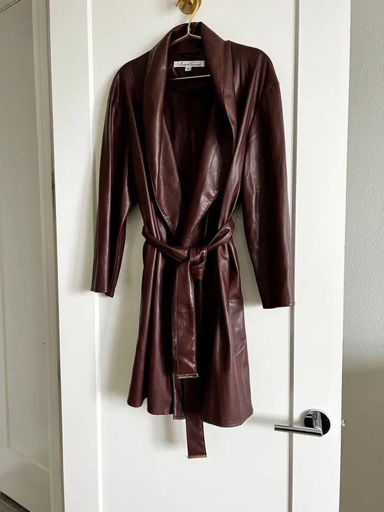 Kenneth Cole Vegan Leather Belted Trench Coat Brown Luxe Minimalist Jacket Sz L - Picture 12 of 15